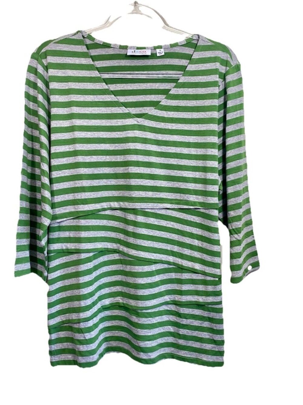 Denim & Co Size 1X Green & Gray Striped V Neck Stretch Tunic Top 3/4 Sleeves NEW